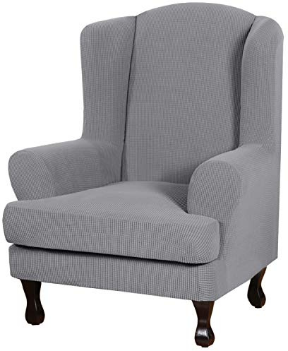 H.VERSAILTEX 2 Piece Stretch Jacquard Wingback Chair Covers Slipcovers Wing Chair Covers (Base Cover Plus Seat Cushion Cover) Furniture Covers for Wingback Chairs, Form Fitted Thick Soft, Dove