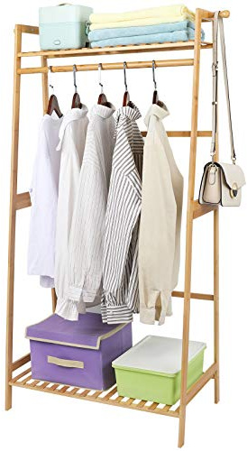 Ufine Bamboo Clothes Hanging Rack with 2 Tier Storage Shelves and 2 Coat Hooks Portable Laundry Rack Cloest Organizer Garment Rack for Bedroom Guest Room