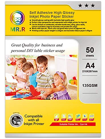 MR.R Papel fotográfico autoadhesivo para impresora de inyección de tinta, 50 hojas, A4, 135 g/m2