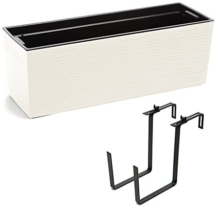 botle Balkonglåda, planteringslåda, blomlåda, vattenförvaring, plasträcke, flexibel, metallhållare, pulverlackerad, 56 x 18,5 x 19,5 cm, 3 ytdesign, 5 färger (beige, mejselutseende)