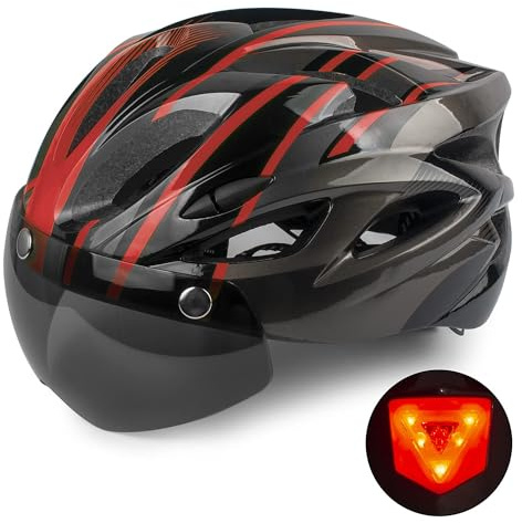 Shinmax Casco Bicicleta con luz, Certificación CE,con Visera Magnética Seguridad Ajustable Desmontable Deporte Gafas de Protección Ligera para Montar Ski & Snowboard Unisex Cascos Bici Adultos 56-62cm