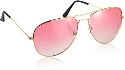 Komonee Pilot Style Pink Lens Sunglasses Set With Black Case and Cleaning Cloth Designer Unisex Mens Womens UV400 Protection Shades Great For Cycling Golf Fishing Sports