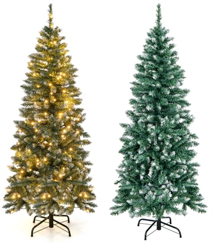 COSTWAY 150 cm Bleistift Weihnachtsbaum mit Beleuchtung, LEDs in warmweiß, künstlicher Tannenbaum mit Metallständer, schmaler Christbaum schneebedeckt, Kunstbaum Weihnachten, Grün+Blau