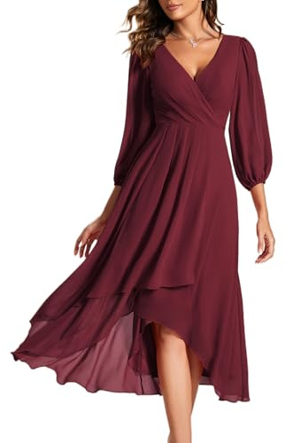 Ever-Pretty Ladies Party Dresses with 3/4 Sleeves V-Neck Wedding Guest Dresses Mid Length Dress Elegant Burgundy 18