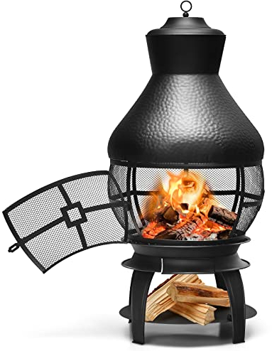 GYMAX Terrassenofen, Gartenkamin mit Grillrost, Gartenofen mit Deckel & Schürhaken, Feuerstelle mit Gittertür, für Garten & Terrasse, schwarz