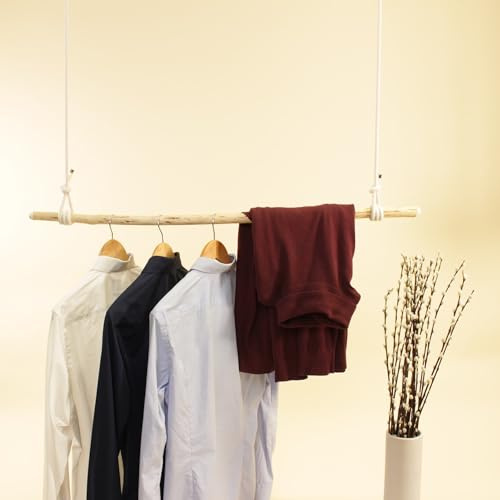 herbeschick® Perchero colgante de chico natural pelado, cuerda de algodón blanca, varios tamaños, fabricado en Alemania (herrajes de metal dorado, 60 cm de altura de la cuerda; ancho del bastón de 100