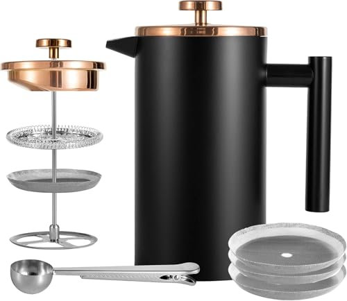 Wrobic Cafetière à piston française 600 ml - Double paroi isolée en acier inoxydable - Système de filtration à 3 niveaux - Pour la maison, le camping et le bureau - Noir