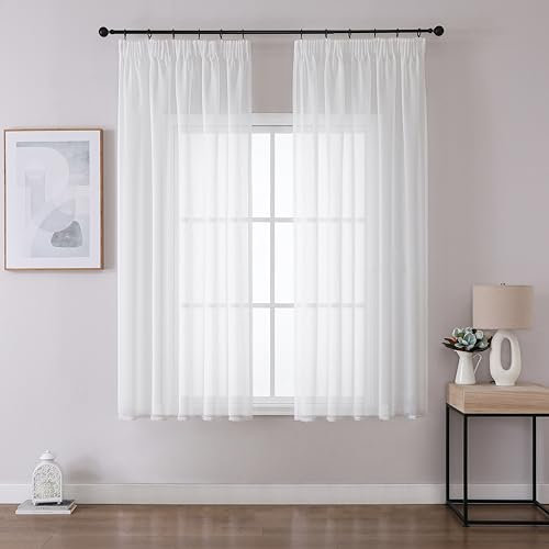 Joydeco 2er Set H145 x B140 cm Weiß Transparente Kurz Schien Gardinen Sheer Voile Vorhänge für Schienensystem mit Kräuselband Vorhang Polyester Durchlässig Curtains Modern Schlafzimmer Wohnzimmer