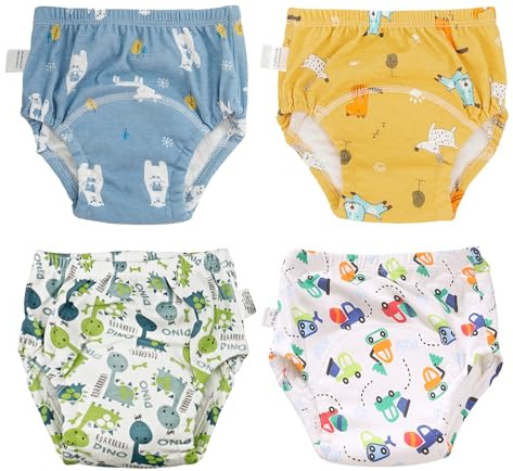 Dioshark Training Underwear Baby Boy Reusable Washable Toddler Toilet Training Pants Cotton with Dinosaur Car Dog Bear Print Yellow White Blue Potty Training Diaper for Infant Age 2-4 Years, Pack of 4
