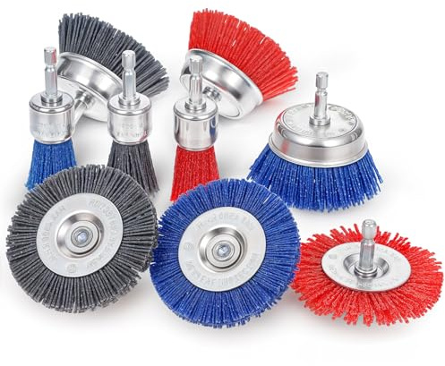 9 Pack Nylon Filament Brush, Abrasive Wire Brush Wheel & Cup Brush Set, Drill Bit Sanding Brush with 1/4” Hex Shank for Steel Rust Removing, Grill Cleaning, Flaking Paint Refinishing