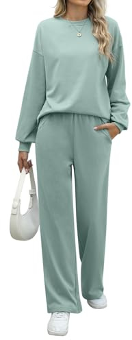 REORIA Women Cotton Lounge Wear Sets Crew Neck Tracksuit Set Two Piece Outfit Long Sleeve Top and Wide Leg Pants Co Ord Sets Grey Green L