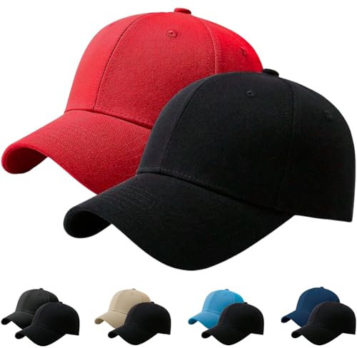 2 Gorras Unisex Ajustables de Béisbol con Cierre de Velcro – Gorras Básicas Transpirables para Hombre y Mujer, Correr, Gimnasio (FR/ES, Números, 56, 60, Rojo + Negro)
