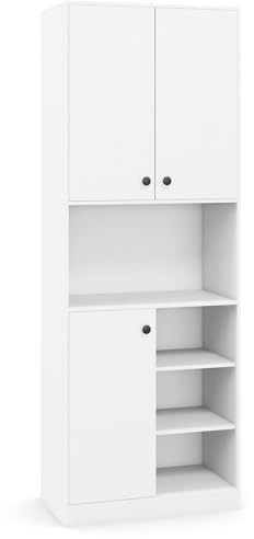 TANGZON Tall Kitchen Cupboard, 3-door Storage Cabinet with Countertop, Open Shelves & Anti-tipping Device, Freestanding Pantry Cupboard Kitchen Units for Dining Room Living Room, White