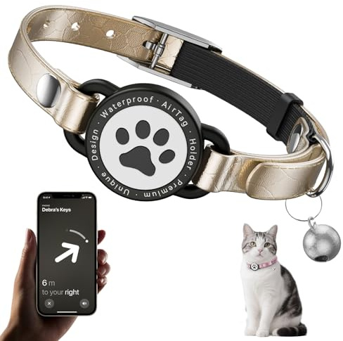 Leather Airtag Cat Collar - Waterproof Cat Collar AirTag Holder with Metal Buckle | Comfortable, Glossy Cats Tracker Collars with Bell for Girl Boy Cats, Kittens, and Puppies (Champagne Gold)