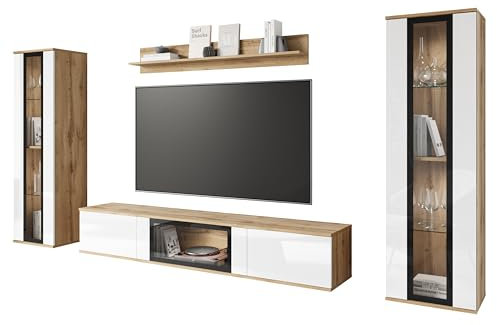 Caro Wohnzimmermöbel-Set, TV-Möbel, optionale LED-Illusion, Hängemöbel (Wotan/Weiß glänzend)