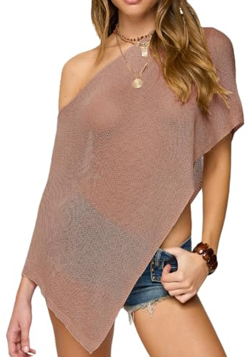 Qianderer Womens Sheer Poncho Shrug Bolero Shawl Knit Lightweight Shrug Cape Pullover Sweater Tops Summer Cover Up (Ba Light Brown, ONE SIZE)