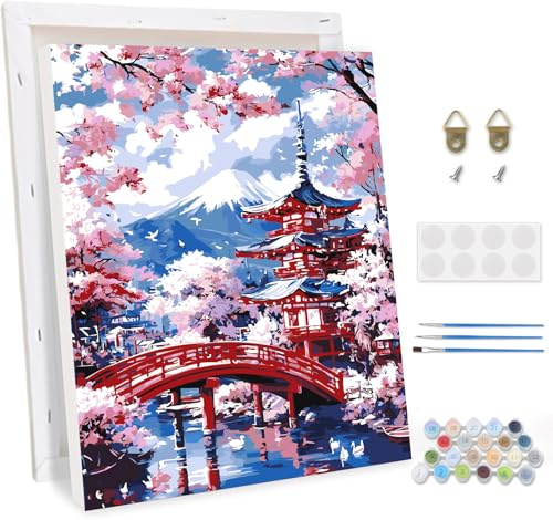 TOSTOG Pintar por Numeros Adultos con Marco,Flores de Cerezo DIY Painting by Numbers Kits, Pintura de Bricolaje Sobre Lienzo con Pinceles Decoración para el Hogar Regalo de Pared 30x40cm