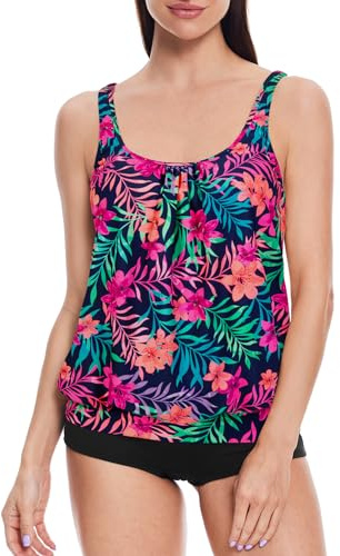 loginsummer 2 Piece Swimming Costume Women Padded Tankini Sets for Women UK High Waist Plus Size Swimwear Tummy Control Blouson Tankini Top with Shorts
