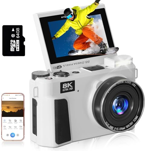8K Digital Camera for Photography - 88MP Autofocus Vlogging Camera for YouTube with 64GB SD Card, WiFi, 18X Zoom 3 180° Flip Screen Compact Travel Camera with 2 Batteries for Teens and Beginner