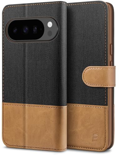 BEZ Fodral för Google Pixel 10 Pro XL Telefonfodral, Kompatibelt med Google Pixel 10 Pro XL, Flip Plånboks [Kanvas Fuskläder] med Kreditkortshållare, Sparkstativ, Magnetisk Remstängning, Svart