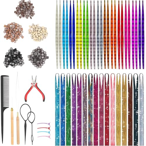 GWAWG Kit de 29 Couleurs Paillettes pour Cheveux,Kit Extension de Cheveux Colorés et Extensions de Cheveux Plumes,Extensions de Cheveux de 130 cm avec Outils,Faux Cheveux pour Fête