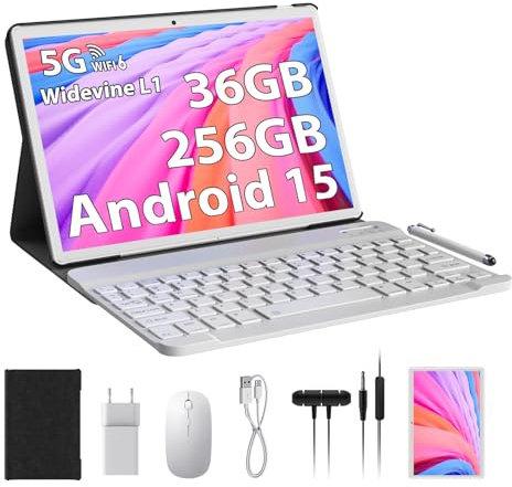 Tablette 10 Pouces Android 15 avec 5G WiFi 6, 36GB RAM+256 GB ROM(1TB Extensible), 1080P Widevine L1, Octa Core, 8000mAh, 5MP+8MP, FHD, WLAN, Bluetooth, GPS, Tablette avec Clavier ect (Or rose)