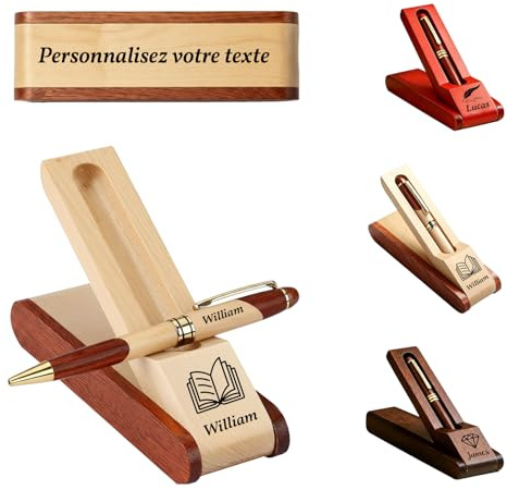 QSZ Stylo à Bille et étui en Bois Personnalisés Peuvent être Gravés de Textes et Motifs Adaptés aux Bureaux écoles Environnements Entreprise Autres Cadres (Ensemble de stylos à bille en bois)