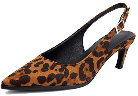 Genérico Mujer Punta Afilada Slingback Zapatos Tacón Medio Estampado Leopardo Parte Superior Gamuza Hebilla Tobillo Ajustable Suela Antideslizante Vestido,Marrón,42 EU