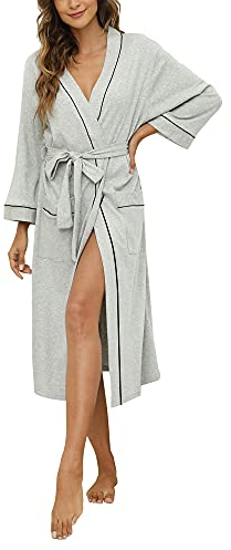 HEARTNICE Morgenmantel Damen 100% Baumwolle, Bademantel leicht Kimono Saunamantel Hausmantel lang (Grau Mel., M)