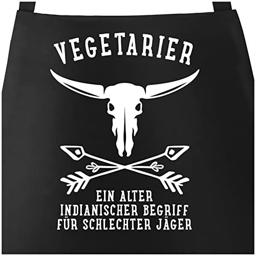 MoonWorks Grill-Schürze mit Spruch Vegetarier - Ein alter Indianischer Begriff für schlechter Jäger Baumwoll-Schürze Küchen-Schürze schwarz unisize