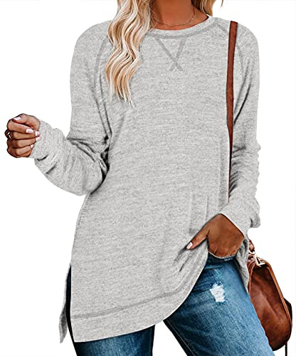 Aokosor Long Sleeve Shirts for Women 2026 Winter Fashion Loose Casual Tunic Tops for Leggings Valentines Sweater Light Grey XL