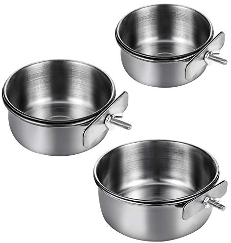 Firtink 3 Packs Bird Feeding Dish Cups, Stainless Steel Parrot Food Bowls Bird Cage with Clamp Holder for Bird Budgie Chinchilla(S/M/L)