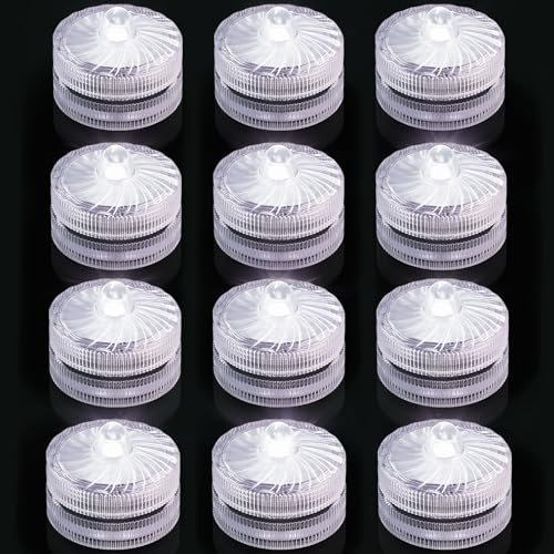 Mini Unterwasser Licht, Weiß Wasserdichte LED Teelichter, Batteriebetriebenes Flammenloses Wasserdichte Poollicht für Vase, Garten,Hochzeitsdekoration, Party, Aquarien, Schwimmbäder, 12 Stück