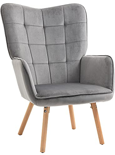 HOMCOM Modern Accent Chair, Upholstered High Back Armchair with Tufted Wingback, Seat Padding, Velvet Leisure Lounge Bedroom Chair with Wood Legs, Grey