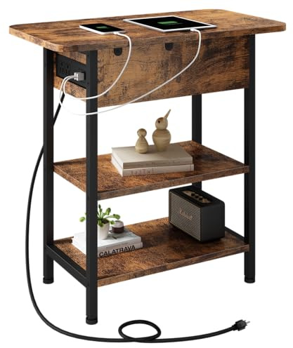 LIDYUK End Table with Charging Station, Flip Top Side Table with USB Ports and Outlets, Nightstand for Small Spaces, Bedside Tables with Storage Shelf for Living Room, Bedroom, Brown