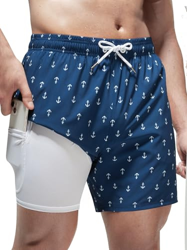 Arcweg Badehose für Herren Badeshorts mit Kompression Liner 2 in 1 Schnelltrocknend Strandhose Männer Elastisch Surf Shorts mit Reißverschlusstaschen M（EU