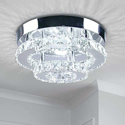 Dixun Mini araña de cristal Lámpara de techo de cristal grande Lámpara colgante LED redonda para escaleras de pasillo (blanco frío) (SC Round Cool white)