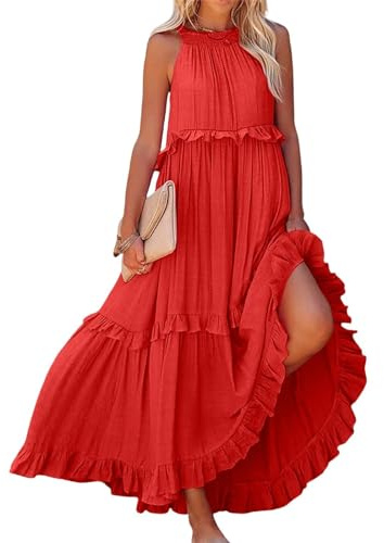 Vestido largo con fruncidos para mujer de estilo halter, elegante, holgado, con vuelo, escalonado, con volantes, vestido de verano, de playa, con bolsillos, M