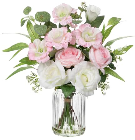 Oairse Rose Artificial Flowers with Eucalyptus Leaves Real Touch Fake Rose Flower in Glass Vase with Faux Water Silk Pink Faux Flower Arrangement for Home Bathroom Wedding Table Windowsill Decoration