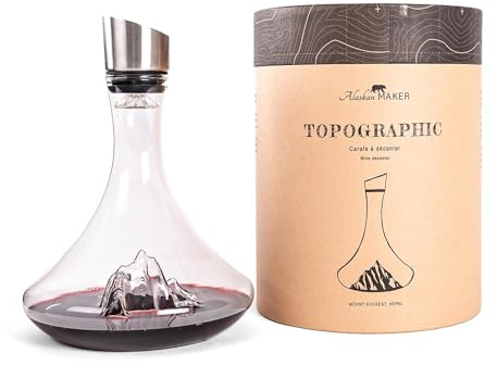 Carafe à décanter le vin 1.8 L | Borosilicate de qualité supérieure soufflés artisanalement avec les montagnes en relief | Bouchon 3 en 1 (filtre, aérateur et bec verseur) (Everest)