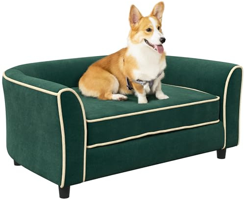 PawHut Divano per Cani Taglia Piccola e Media Elegante con Cuscino, Divanetto per Cani in Tessuto Effetto Velluto e Legno, 79x56x35 cm, Verde Scuro