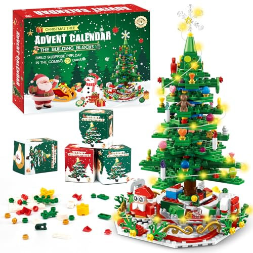 Adventskalender 2025 Kinder für Weihnachtsbaum Bauspielzeug mit LED-Licht Mini-Bausteine,Weihnachts Countdown 24 in 1 Blocks Spielzeug 701 Pcs,Weihnachts Geschenk für Erwachsene Jungen und Mädchen