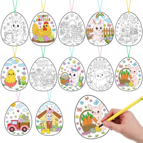 Humyoun 36 Pack Easter Egg Coloring Crafts for Kids Easter Crafts DIY Paint Cards Color Your Own Eggs Hanging Ornaments with Bunny Sheep Chick for Spring Classroom Decor Class Activities Party Favor