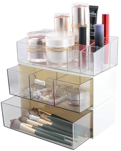 3Pcs Organizador de Maquillaje con Cajones, Organizador Brochas Maquillaje, Caja Maquillaje Organizador para Sombras de Ojos, Polvos, Lápiz Labial, Cepillo Cosmético