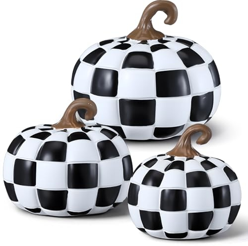 Weysat 3 Pcs Black and White Thanksgiving Pumpkin Decoration Fall Resin Pumpkin Figurines Checkered Pumpkins Thanksgiving Tabletop Centerpieces for Home Party Dining Room Autumn Decor
