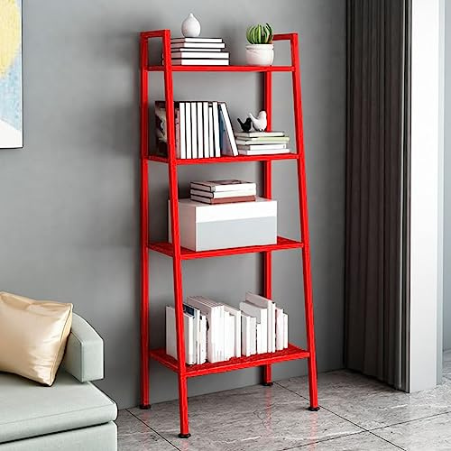 Ladder Metal Bookshelf Modern Bookcase with Rectangular Shelves Storage Rack Kitchen Storage Rack Multi-layer Bookshelf Floor-to-ceiling Trapezoidal Balcony Flower Stand Red