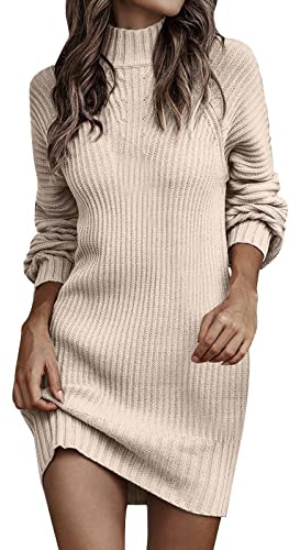 Generisch Vestido de punto para mujer, invierno, manga larga, cuello alto, monocolor, informal, suéter vestido, vestido para mujer, beige, M