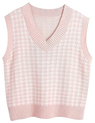Générique Debardeur Femme Laine Col V Gilet sans Manche Femme en Tricot Chic et Élégant Crop Débardeur Chaud Décontracté Style Preppy Sweater À Motif À Carreaux Rétro Classique Automne Hiver Rose,M