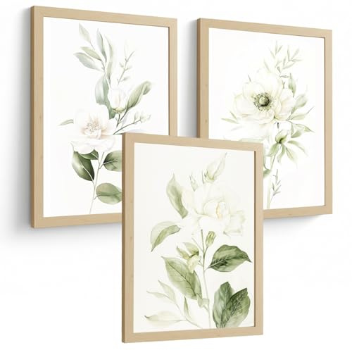 Nacnic Set De 3 Láminas Botánicas Flores Verdes Blancas. Posters Acuarela De Plantas Tonos Verdes Suaves Cuadros. Laminas Decorativas Pared Para Salón Y Dormitorio. Tamaño A4 Marco Madera Clara