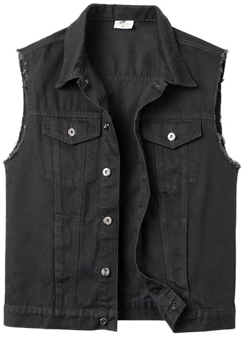 Yukirtiq Mens Denim Biker Vest Ripped Vintage Cowboy Gilets Sleeveless Jean Jacket Trucker Vest, Black, XXL